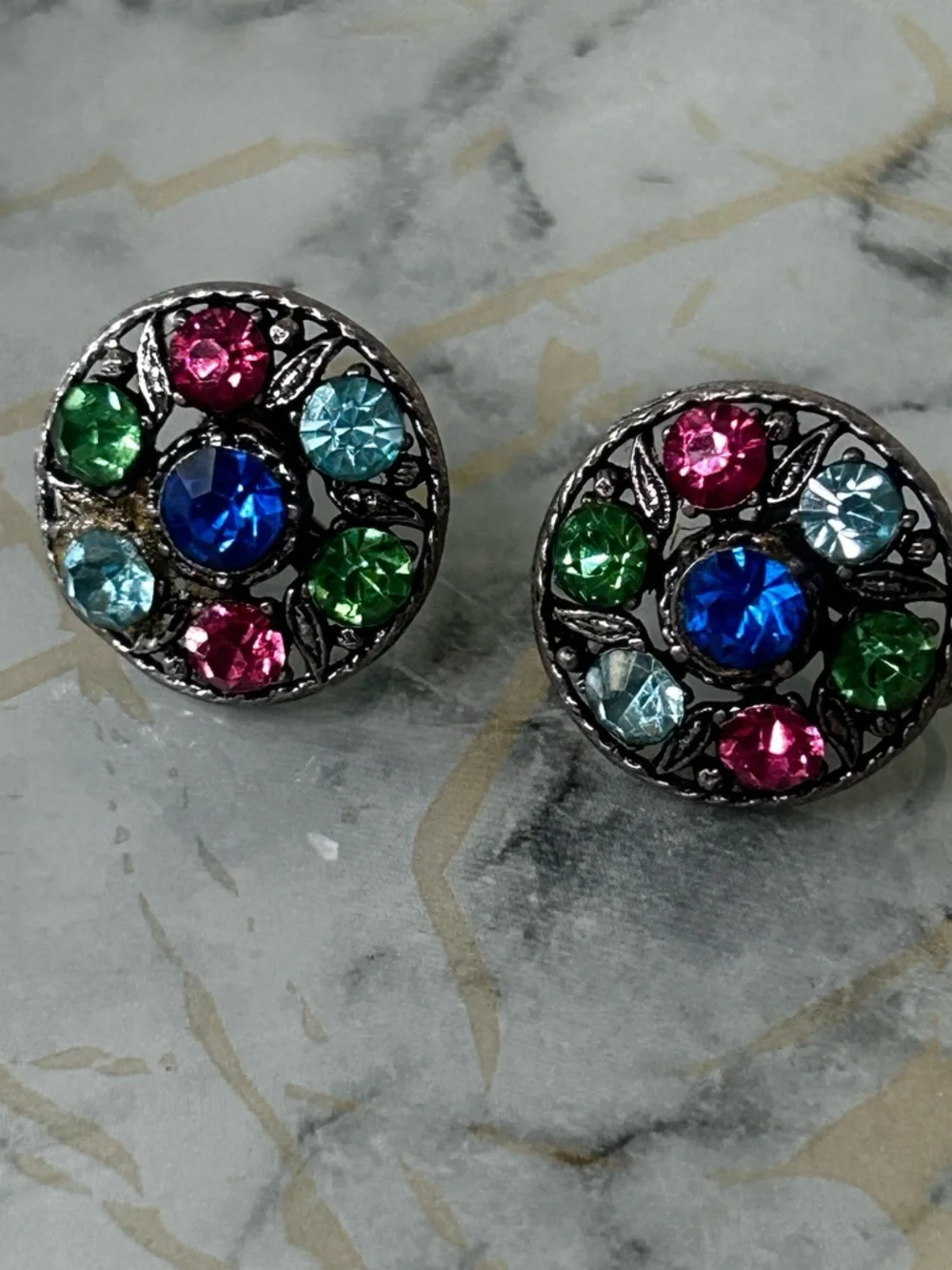 Vintage Multicolor Rhinestone Clip-On Earrings Silver Retro Statement Jewelry